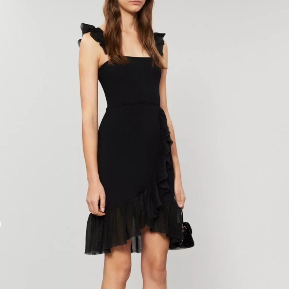 Sandro Laurana Black Ribbed Ruffle Mini Dress Size 34/XS/2US